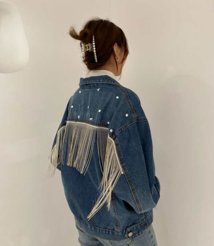 Women's Denim Jacket Diamond Tassel Beaded Cotton Evening Casual