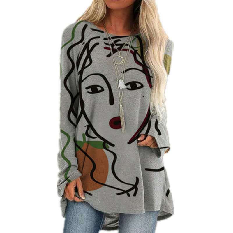 Women's Digital Print Long Sleeve Top Cotton Blend Casual